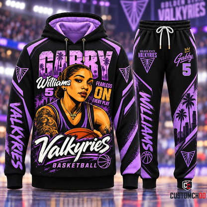 Gabby Williams #5 Fearless On Every Play Golden State Valkyries Graphic Pullover Hoodie and Jogger Sweatpants Set with Palm Trees and Cityscape