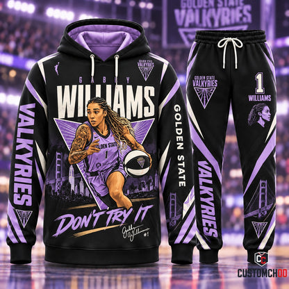 Gabby Williams #1 Don't Try It Crossover Dribble Graphic Hoodie and Sweatpants Set with Golden Gate Bridge, Wilson Basketball, and V-Crest