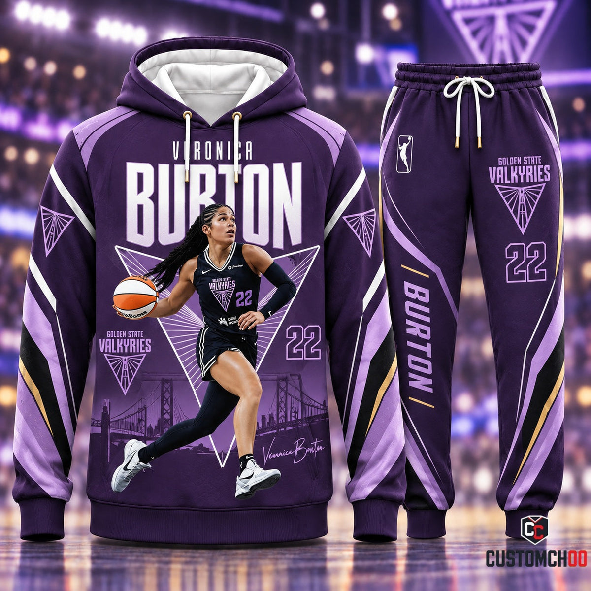 Veronica Burton #22 Midnight Purple Skyline Golden State Valkyries Graphic Pullover Hoodie and Jogger Sweatpants Set with Bay Bridge Graphic