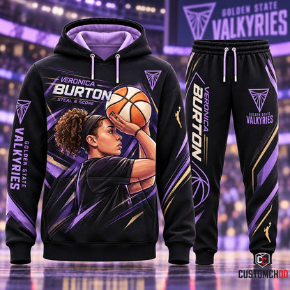 Veronica Burton Steal & Score Golden State Valkyries Jumpshot Artwork Graphic Hoodie and Jogger Tracksuit Set with Geometric Purple Gold Accents