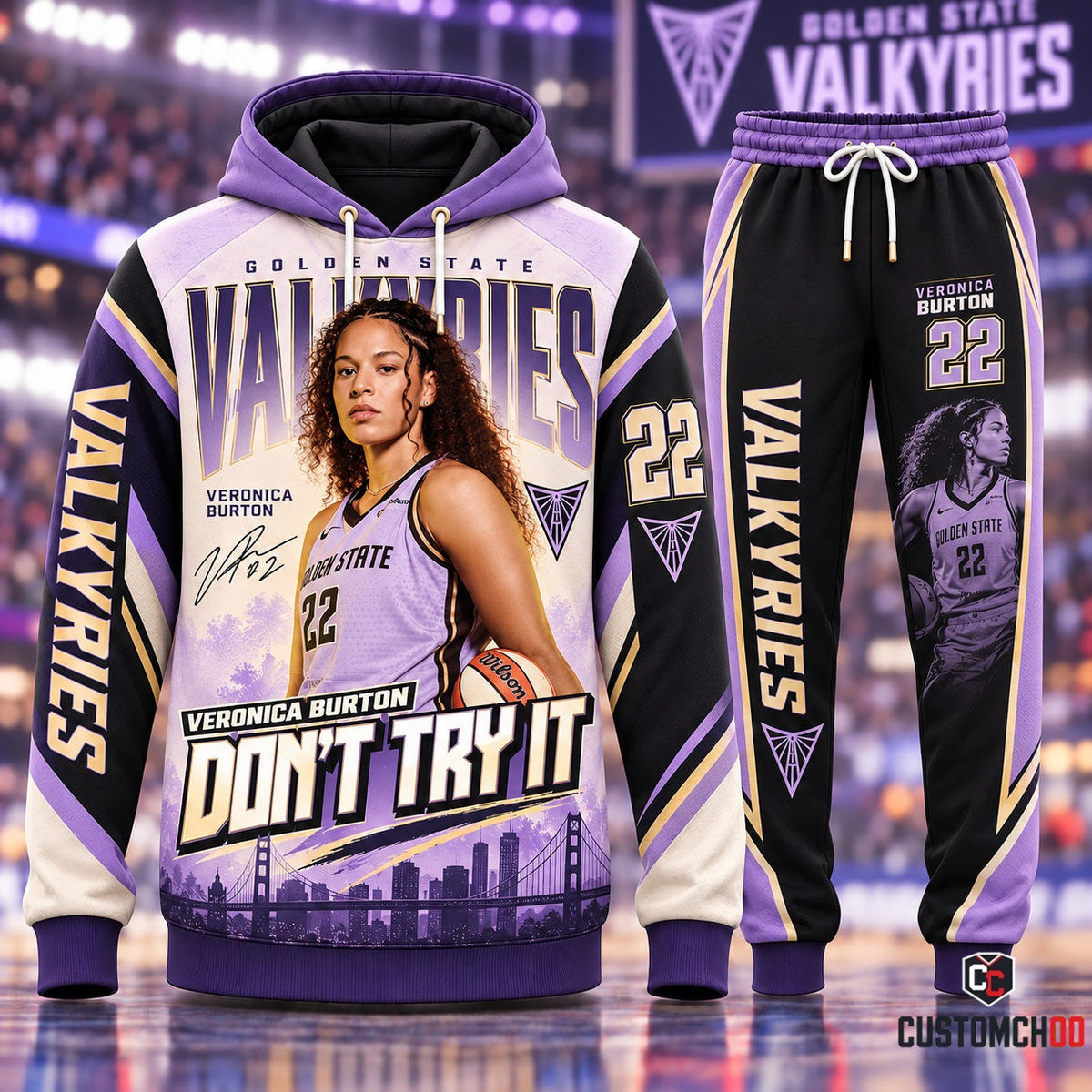 Veronica Burton #22 Don't Try It Golden State Valkyries Tracksuit Set with Signature, San Francisco Skyline, and Bay Bridge Sunset Artwork