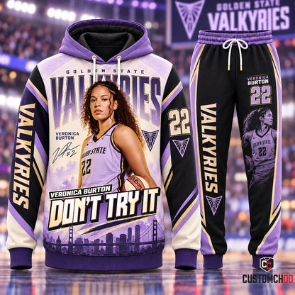 Veronica Burton #22 Don't Try It Golden State Valkyries Tracksuit Set with Signature, San Francisco Skyline, and Bay Bridge Sunset Artwork