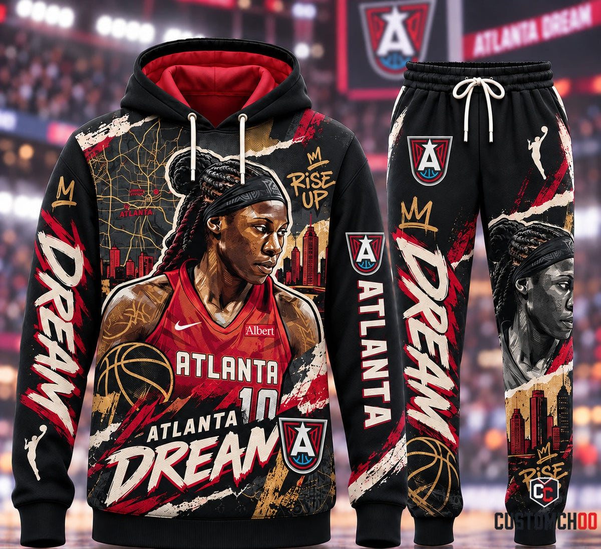 Rhyne Howard #10 Rise Up Atlanta City Map Graphic Hoodie and Sweatpants Tracksuit Set with Crown Logo, Skyline Silhouette, and Atlanta Dream Crest