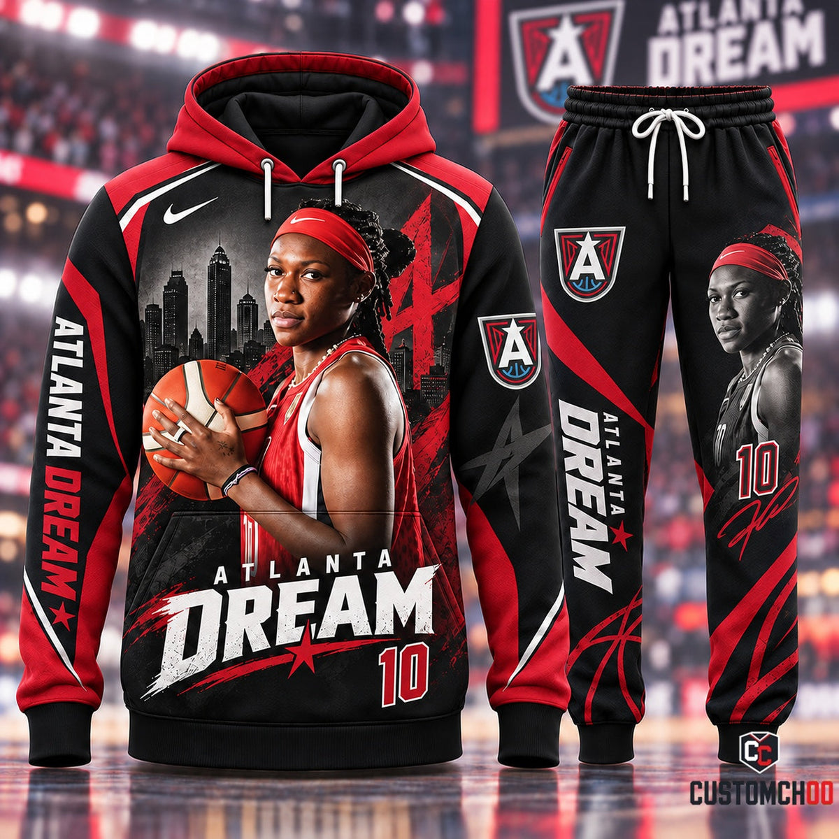 Rhyne Howard #10 Hardwood Focus Atlanta Skyline Graphic Pullover Hoodie and Jogger Tracksuit Set with Red Headband and Signature
