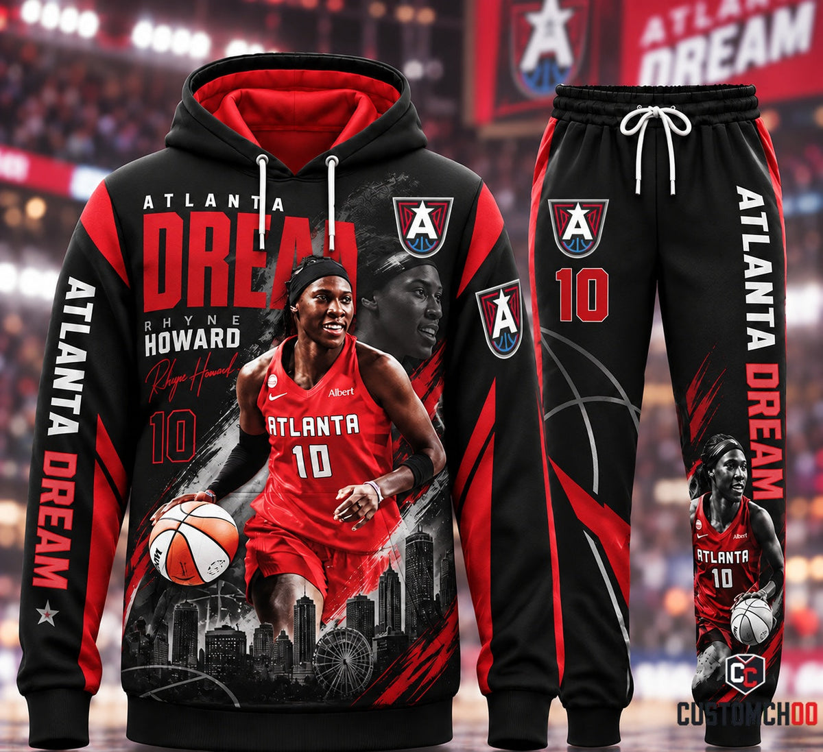 Rhyne Howard #10 Crossover Dribble Atlanta Dream Streetwear Tracksuit Set with Downtown Skyline, SkyView Ferris Wheel, and Dream Typography