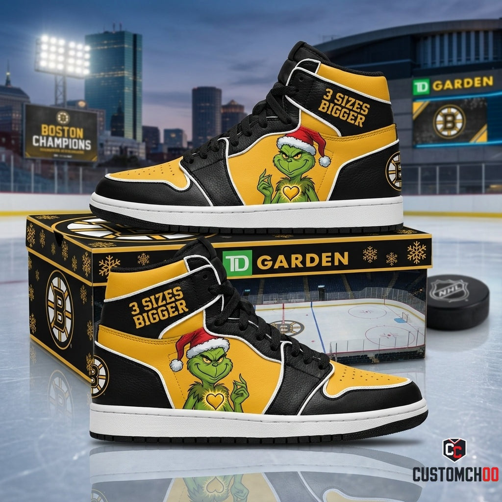 Boston Bruins grinch-inspired christmas fan sneakers – Glowing Spoked B Heart
