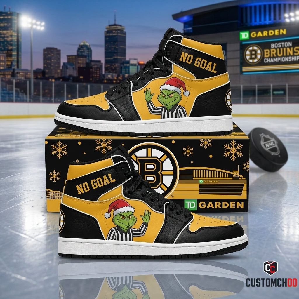 Boston Bruins grinch-inspired christmas fan sneakers – Referee Stripes Heist
