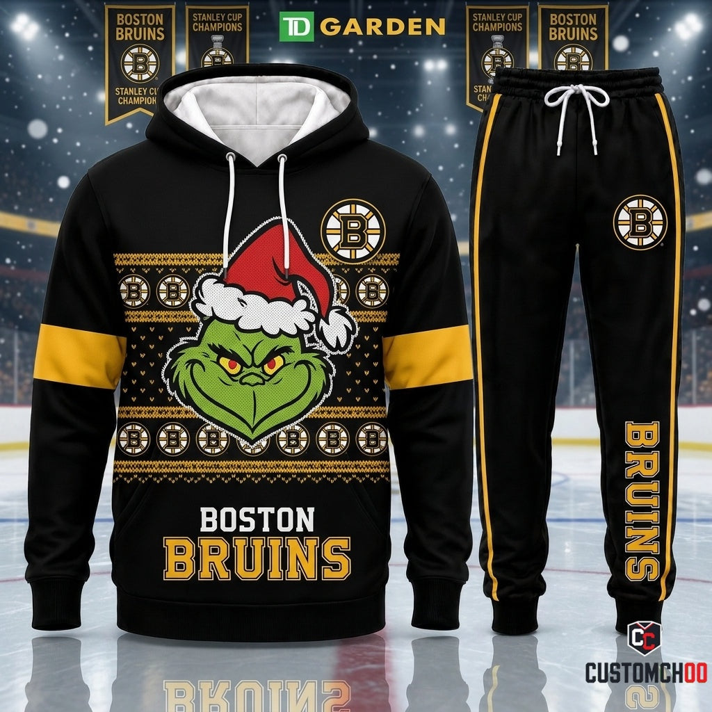 Boston Bruins grinch-inspired christmas hoodie and sweatpants tracksuit set – Ugly Sweater Spoked B