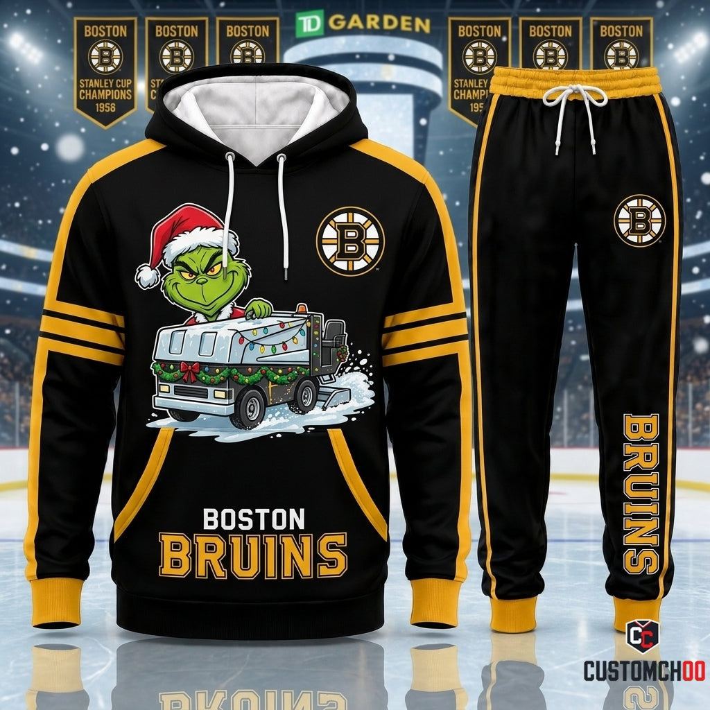 Boston Bruins grinch-inspired christmas hoodie and sweatpants tracksuit set – Zamboni Holiday Joyride