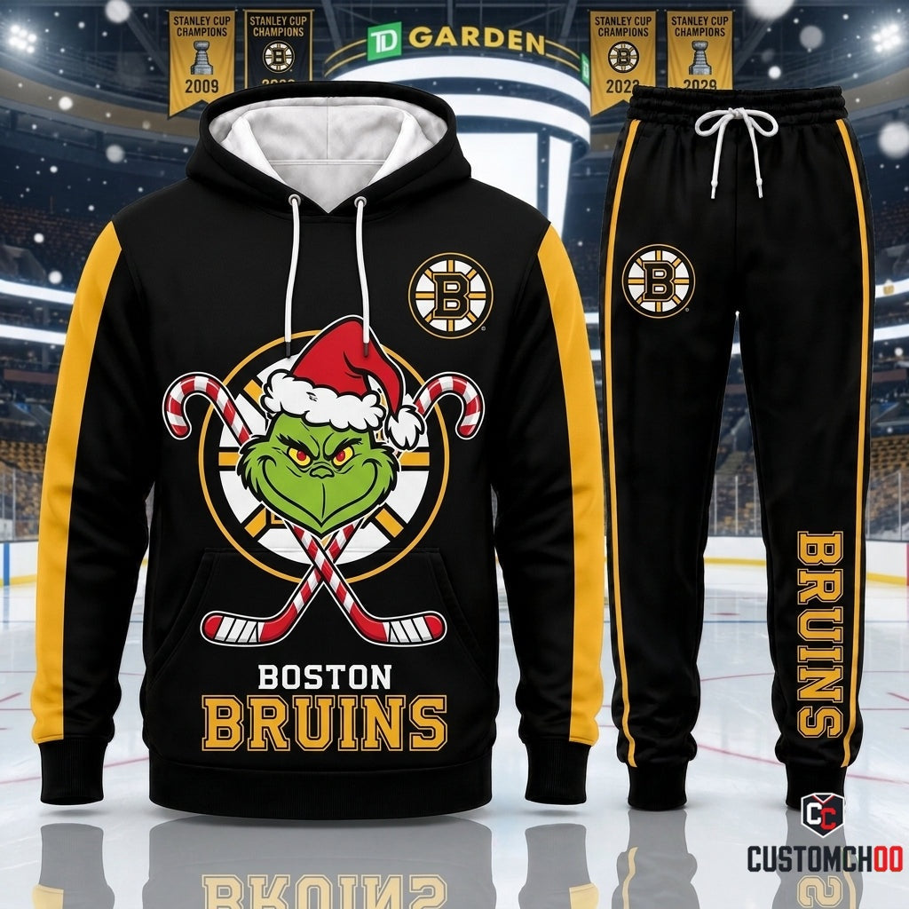 Boston Bruins grinch-inspired christmas hoodie and sweatpants tracksuit set – Candy Cane Spoked B