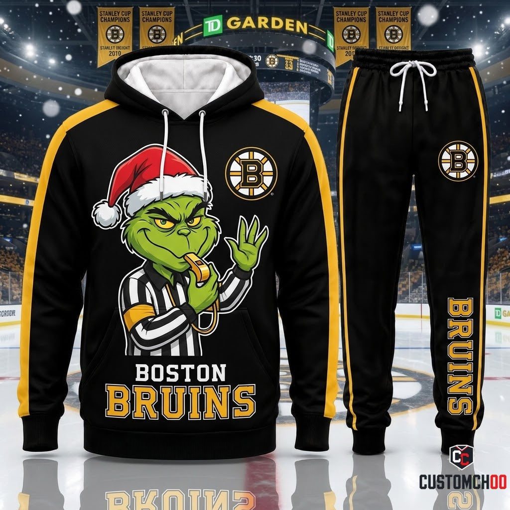 Boston Bruins grinch-inspired christmas hoodie and sweatpants tracksuit set – Referee Stripes Heist