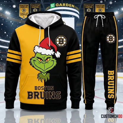 Boston Bruins grinch-inspired christmas hoodie and sweatpants tracksuit set – Split Two Tone Gold Black