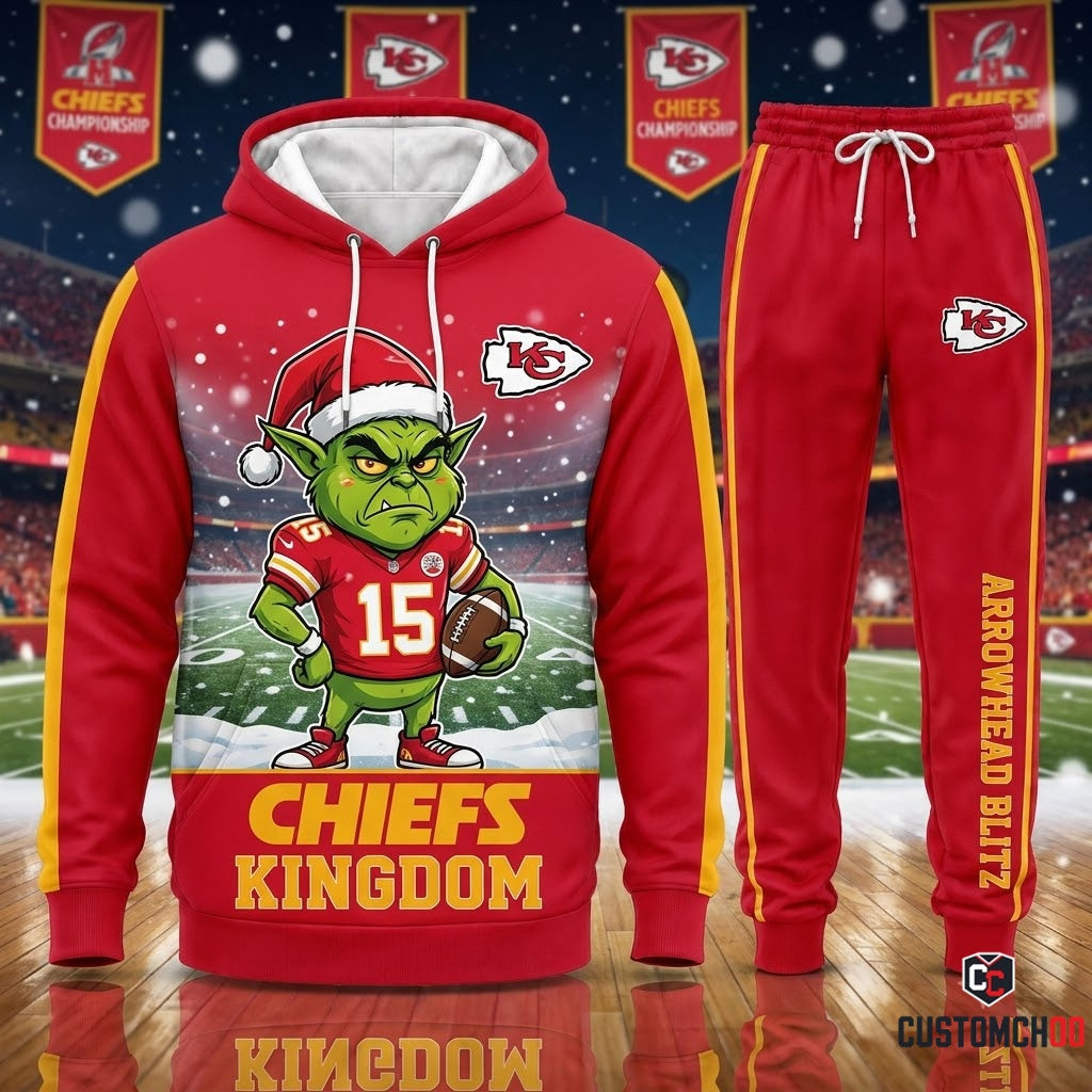 Kansas City Chiefs grinch-inspired christmas hoodie and sweatpants tracksuit set – Mean One Arrowhead Blitz