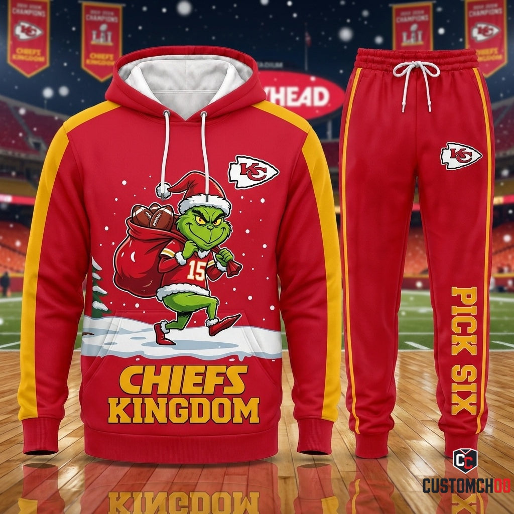 Kansas City Chiefs grinch-inspired christmas hoodie and sweatpants tracksuit set – Grinch Interception Heist