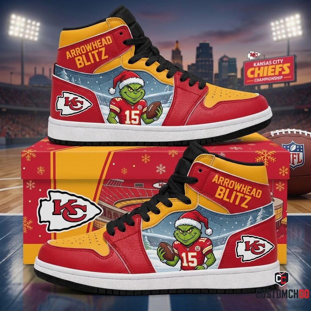 Kansas City Chiefs grinch-inspired christmas fan sneakers – Mean One Arrowhead Blitz