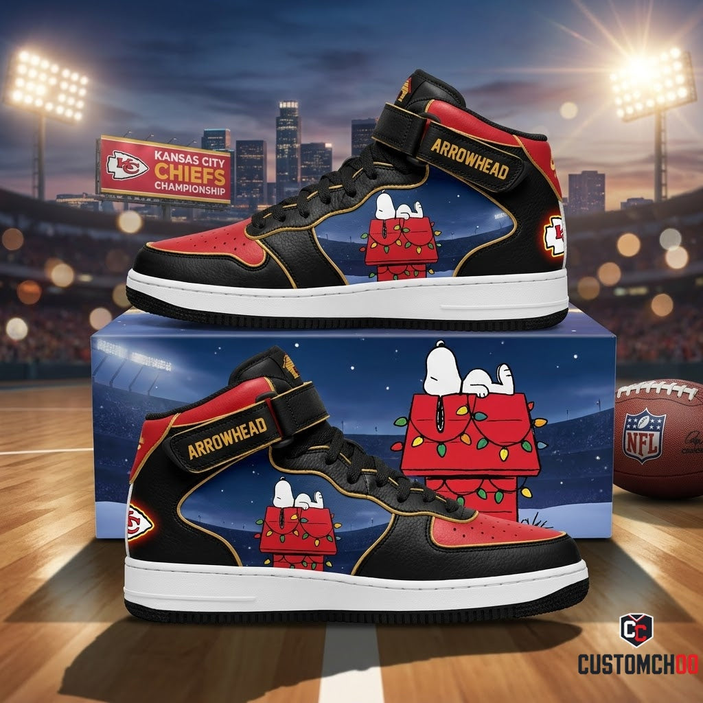 Kansas City Chiefs snoopy-inspired christmas fan sneakers – Arrowhead Doghouse Lights