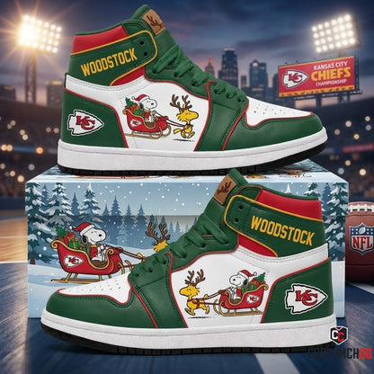 Kansas City Chiefs snoopy-inspired christmas fan sneakers – Woodstock Reindeer Rush