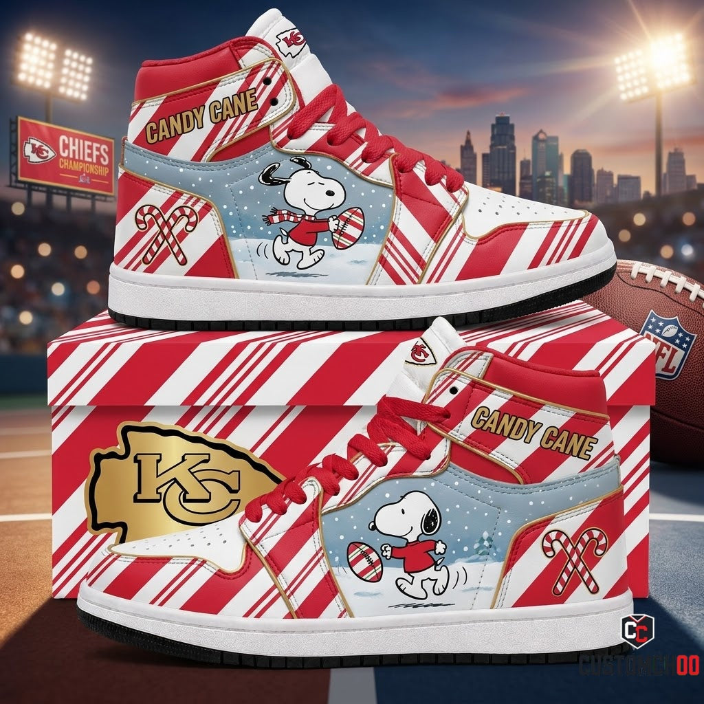 Kansas City Chiefs snoopy-inspired christmas fan sneakers – Candy Cane Sideline Rush