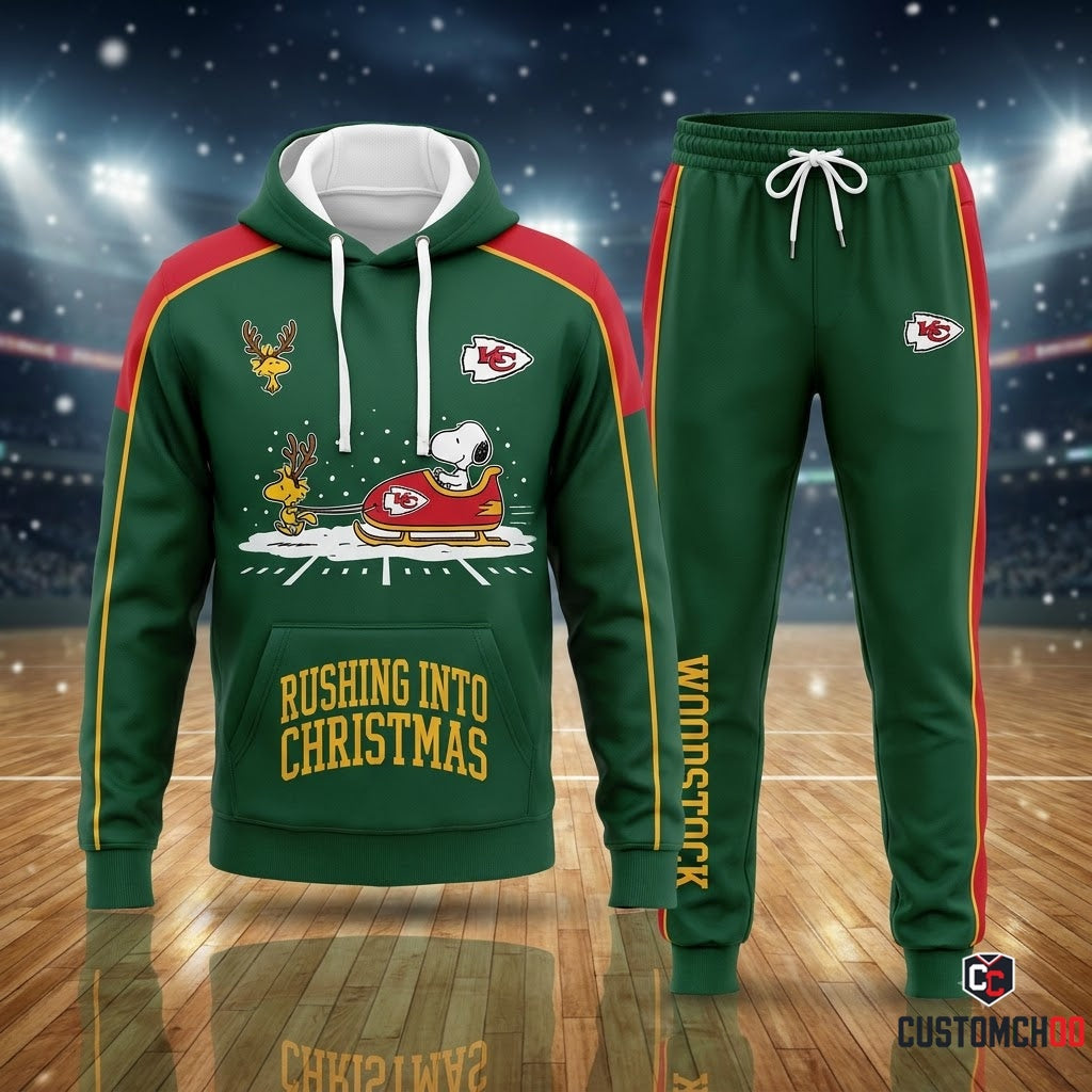 Kansas City Chiefs snoopy-inspired christmas hoodie and sweatpants tracksuit set – Woodstock Reindeer Rush