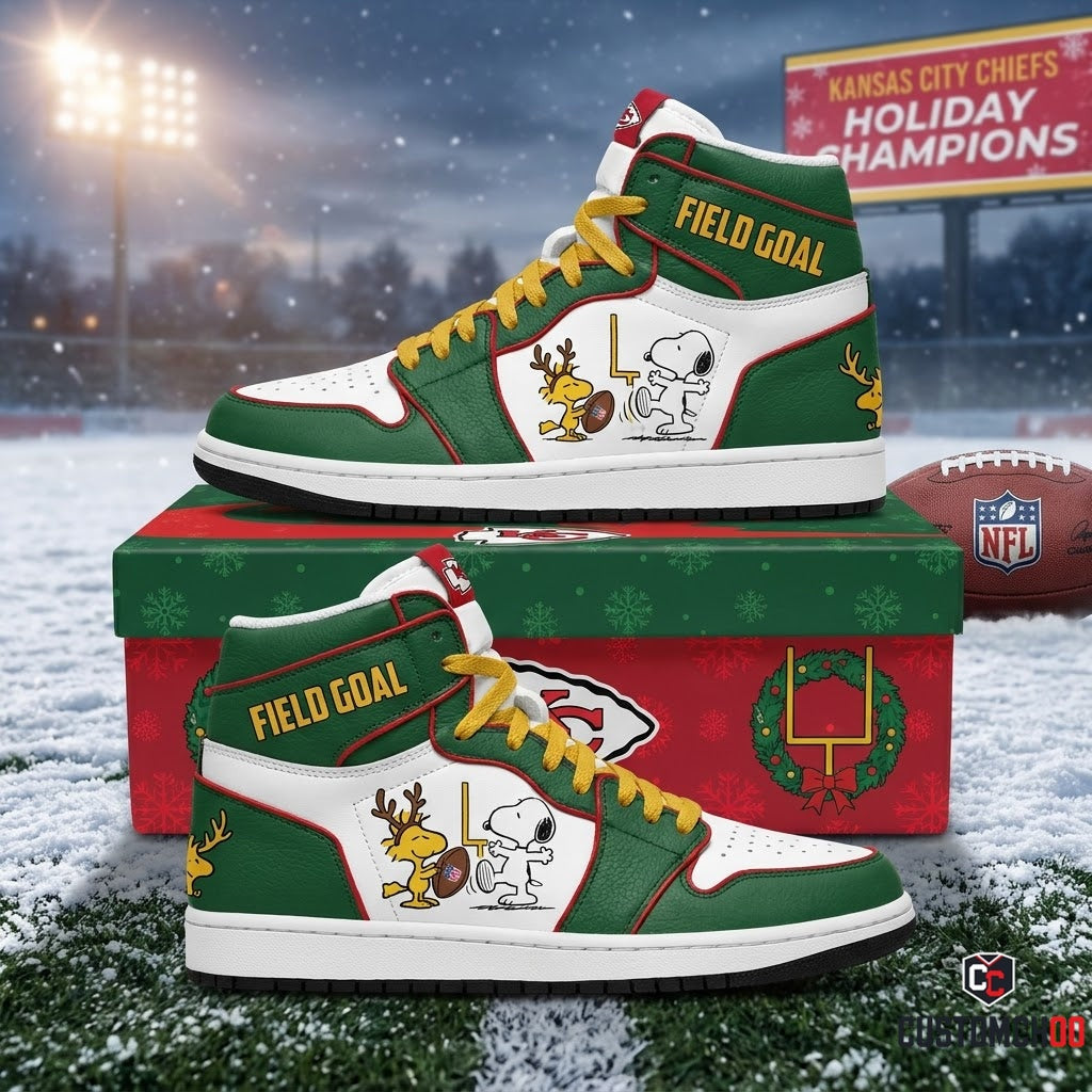 Kansas City Chiefs snoopy-inspired holiday fan sneakers – Woodstock Reindeer Kick