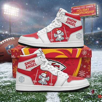 Kansas City Chiefs snoopy-inspired holiday fan sneakers – Frozen Arrowhead Snow Angel