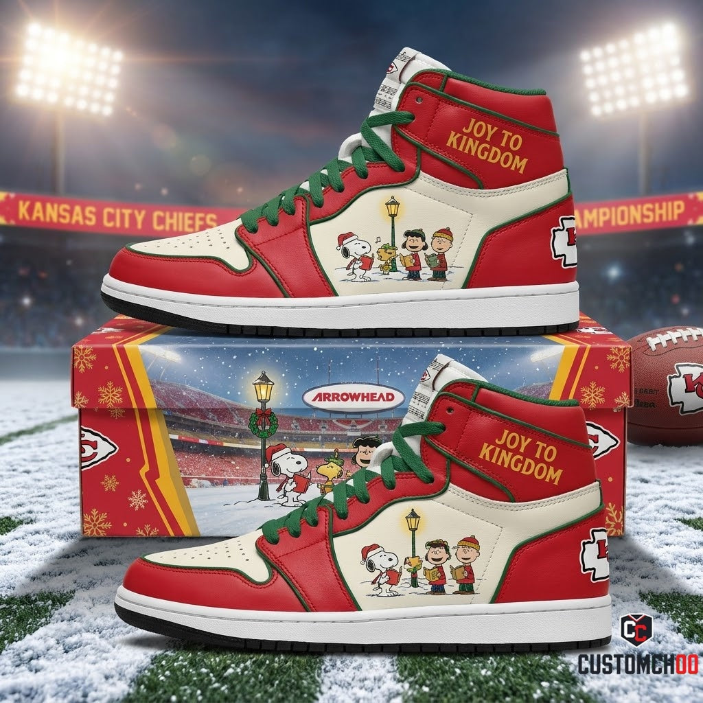 Kansas City Chiefs snoopy-inspired holiday fan sneakers – Christmas Carolers Endzone