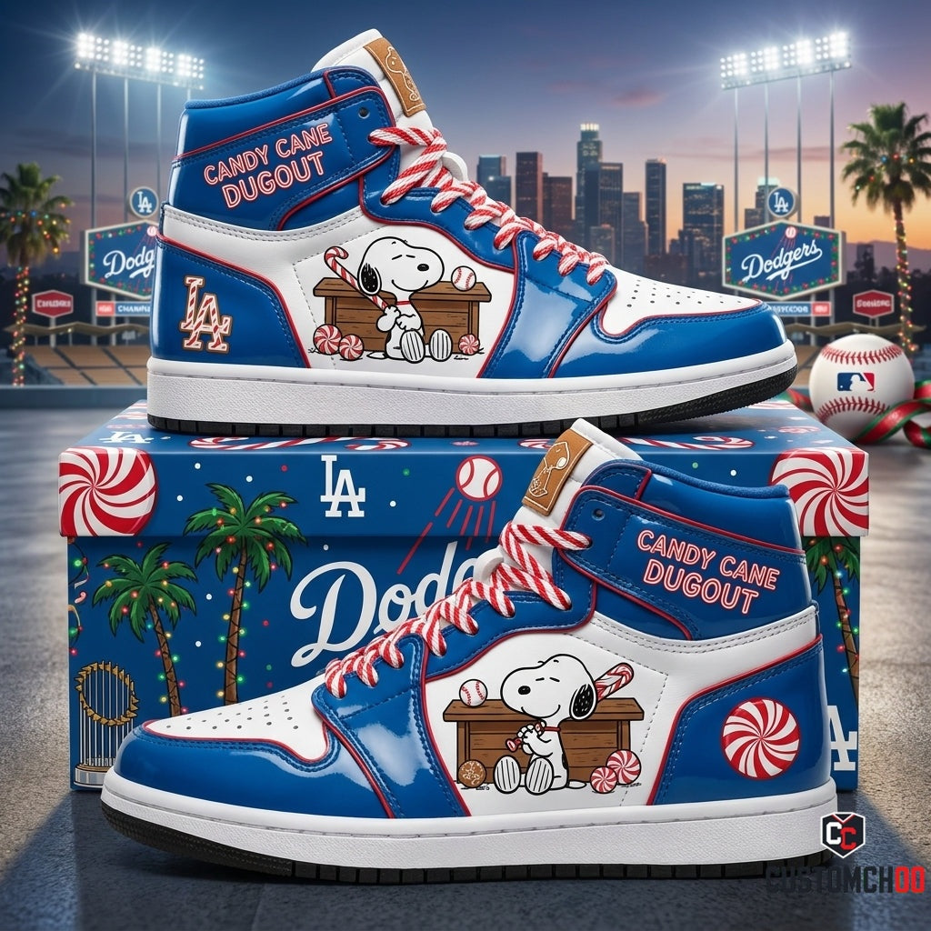 Los Angeles Dodgers snoopy-inspired christmas fan sneakers – Dodgers Snoopy Candy Cane Dugout