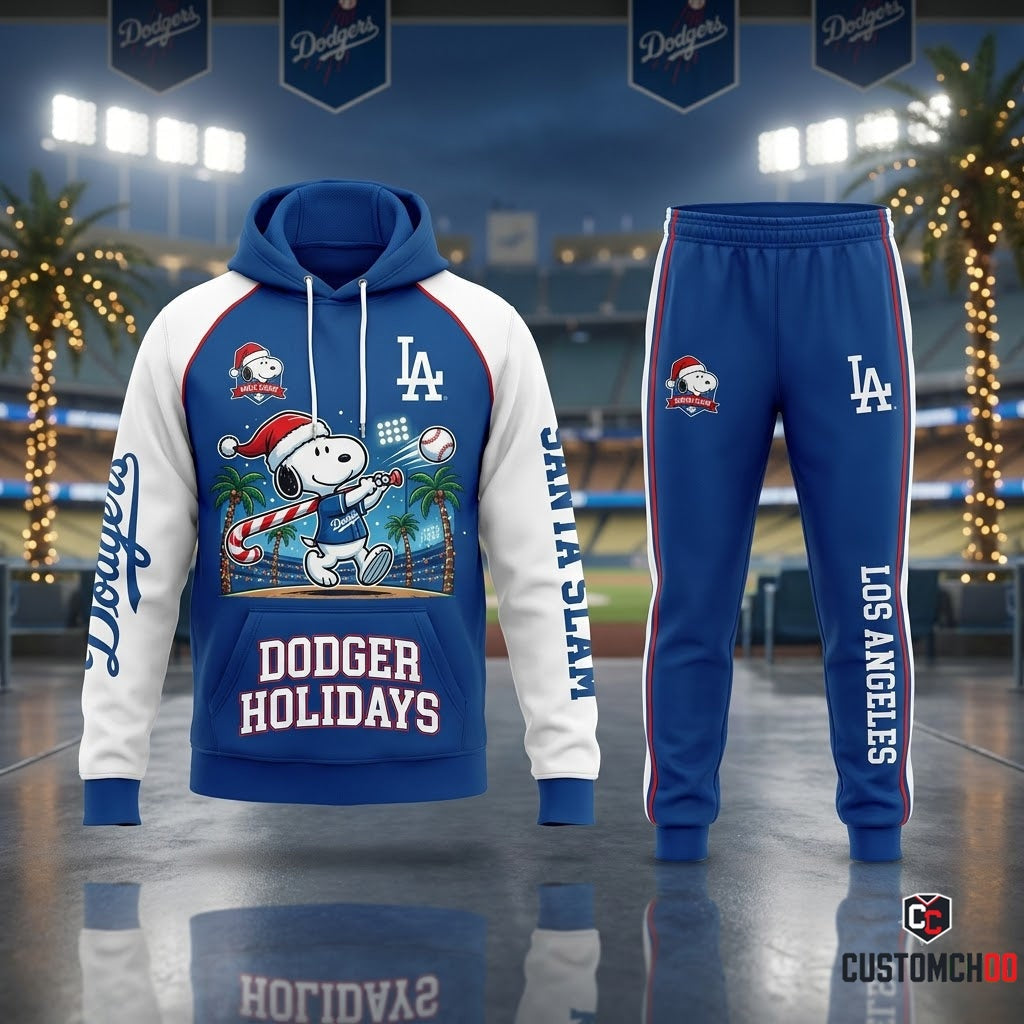 Los Angeles Dodgers snoopy-inspired christmas hoodie and sweatpants tracksuit set – Dodgers Snoopy Santa Homerun
