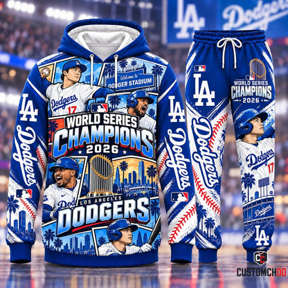 Dodger Stadium Welcome Comic Panel Los Angeles Dodgers World Series Champions 2026 hoodie and pants tracksuit set - front view