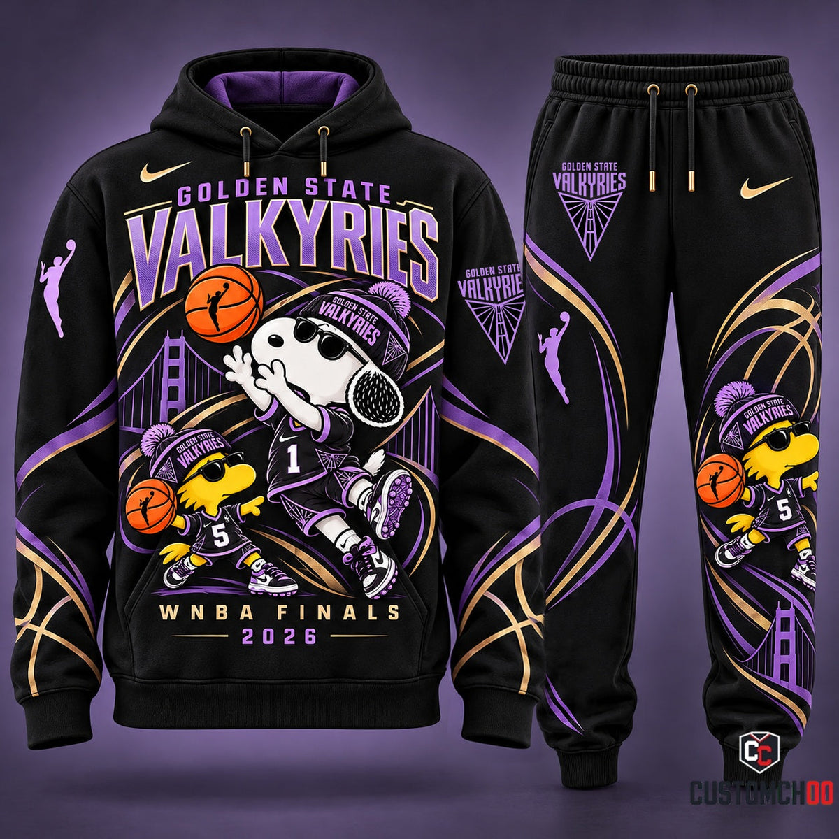 Golden State Valkyries snoopy-inspired hoodie and sweatpants tracksuit – Style 02 - Premium Purple Gold Valkyries Hoodie Set