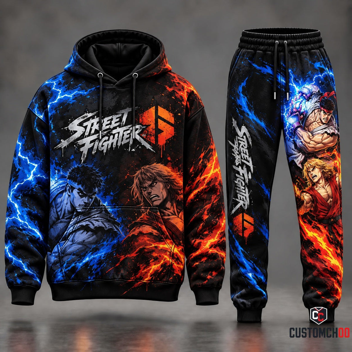 Street Fighter 6 Ryu vs Ken Fire and Lightning Tracksuit Set with Blue Hadouken Aura and Blazing Shoryuken Flames Graphic Pullover Hoodie and Matching Joggers