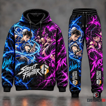 Street Fighter 6 Chun-Li vs Juri Han Graphic Hoodie and Joggers Tracksuit Set with Cyan Kikoken Swirls and Neon Magenta Feng Shui Engine Spider ki