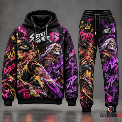 Street Fighter 6 Kimberly vs JP Graffiti Ninja Streetwear Tracksuit Set with Hot Pink Spray Paint Splatters and Dark Purple Psycho Rift Artwork