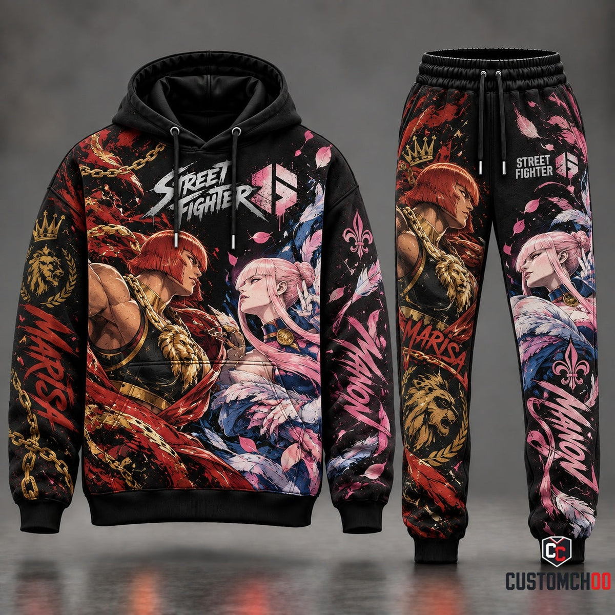 Street Fighter 6 Marisa vs Manon Streetwear Tracksuit Set featuring Roman Lion Crest Gold Chains and French Ballet Judo Feather Flourish Graphics